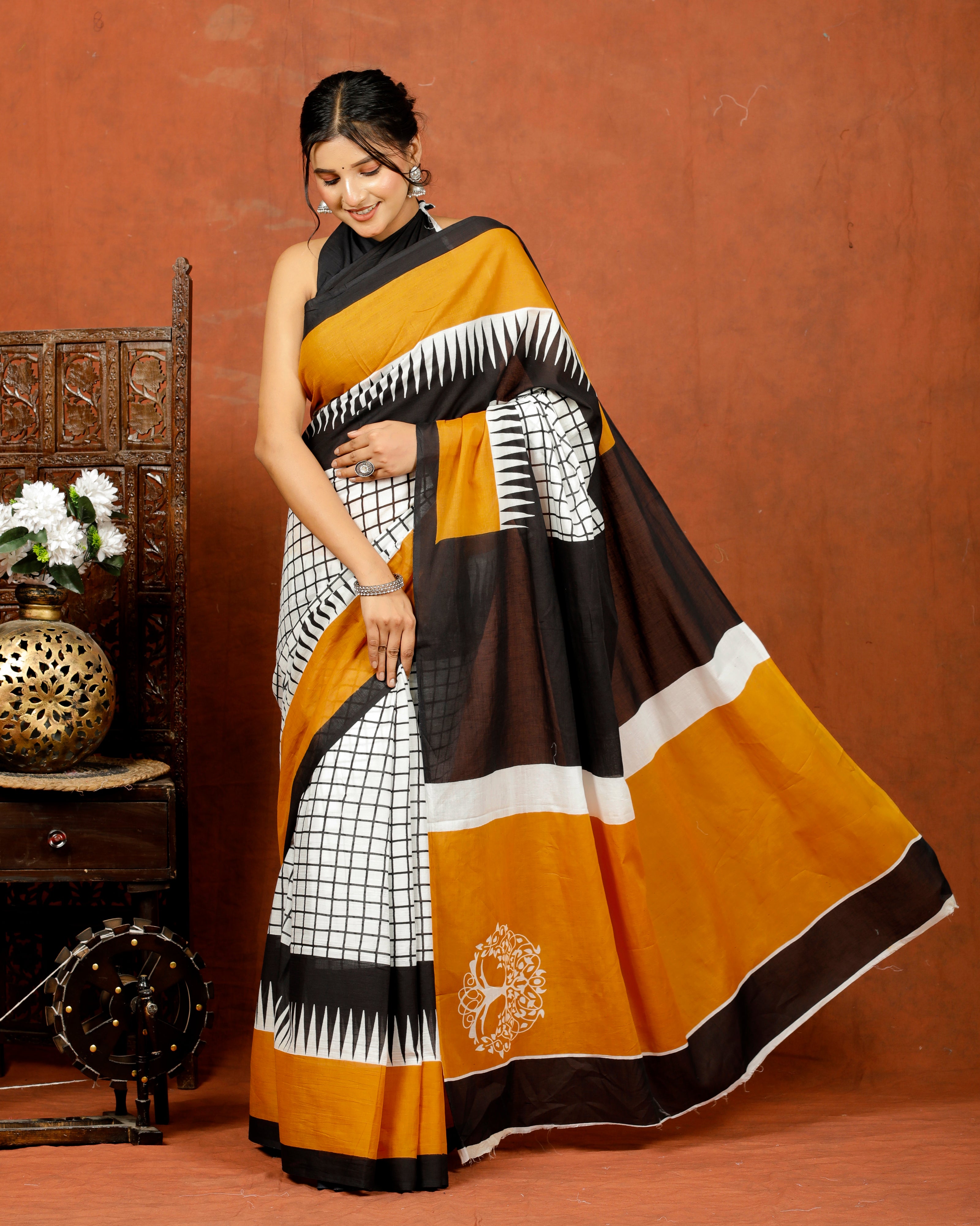 Elegant Mustard and Black Printed Saree view 3